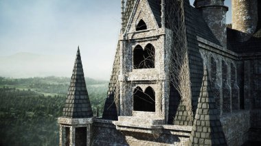 Tepedeki eski peri masalı kalesi. Hava manzaralı. 3d oluşturma.