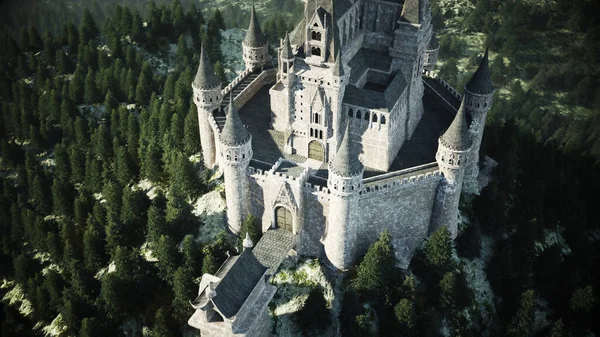 Old fairytale castle on the hill. aerial view. 3d rendering. — Stock Photo, Image