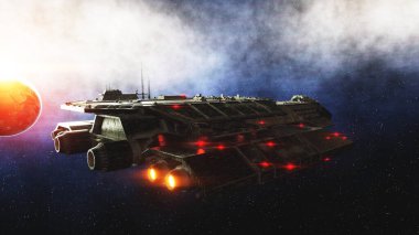 Uzayda gelecek uzay gemisi. Dünya gezegeninin muhteşem manzarası. Gerçekçi metal yüzey gemisi. 3d oluşturma.