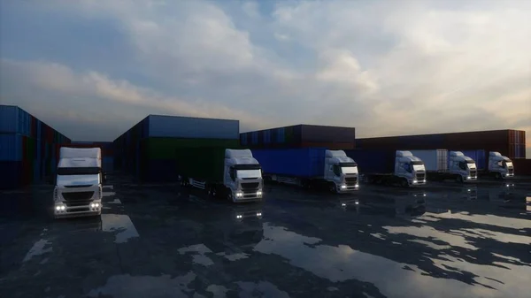 Truck in container depot, wharehouse, seaport. Cargo containers. Logistic and business concept. 3d rendering. — Stock Photo, Image