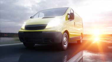Sarı teslim van karayolu üzerinde. Çok hızlı araba. Taşıma ve lojistik kavramı. 3D render.