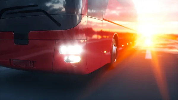 Autocarro vermelho turístico na estrada, estrada. Uma condução muito rápida. Conceito turístico e de viagem. Renderização 3d . — Fotografia de Stock