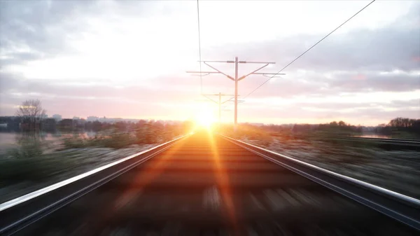 Kamera demiryolu boyunca hareket ediyor. Harika gün batımı. 3d oluşturma. — Stok fotoğraf