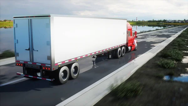 Oplegger, vrachtwagen op de weg, snelweg. Vervoer, logistiek concept. 3d destructie. — Stockfoto