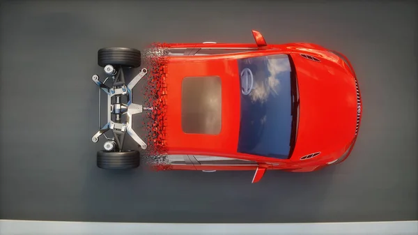 Κόκκινο σασί αυτοκινήτου με κινητήρα στην εθνική οδό. Μετάβαση με σωματίδια. Πολύ γρήγορη οδήγηση. Αυτόματη ιδέα. 3d απόδοση. — Φωτογραφία Αρχείου