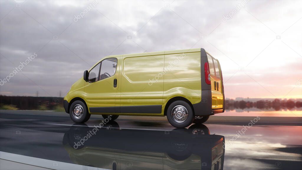 Yellow delivery van on highway. Very fast driving. Transport and logistic concept. 3d rendering.