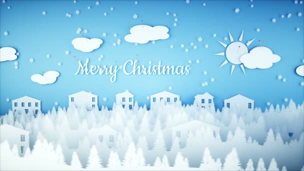 Animazione piatta di carta natalizia. Felice anno nuovo e sfondo di Natale. Nevicate. Animazione 4K realistica. — Video Stock