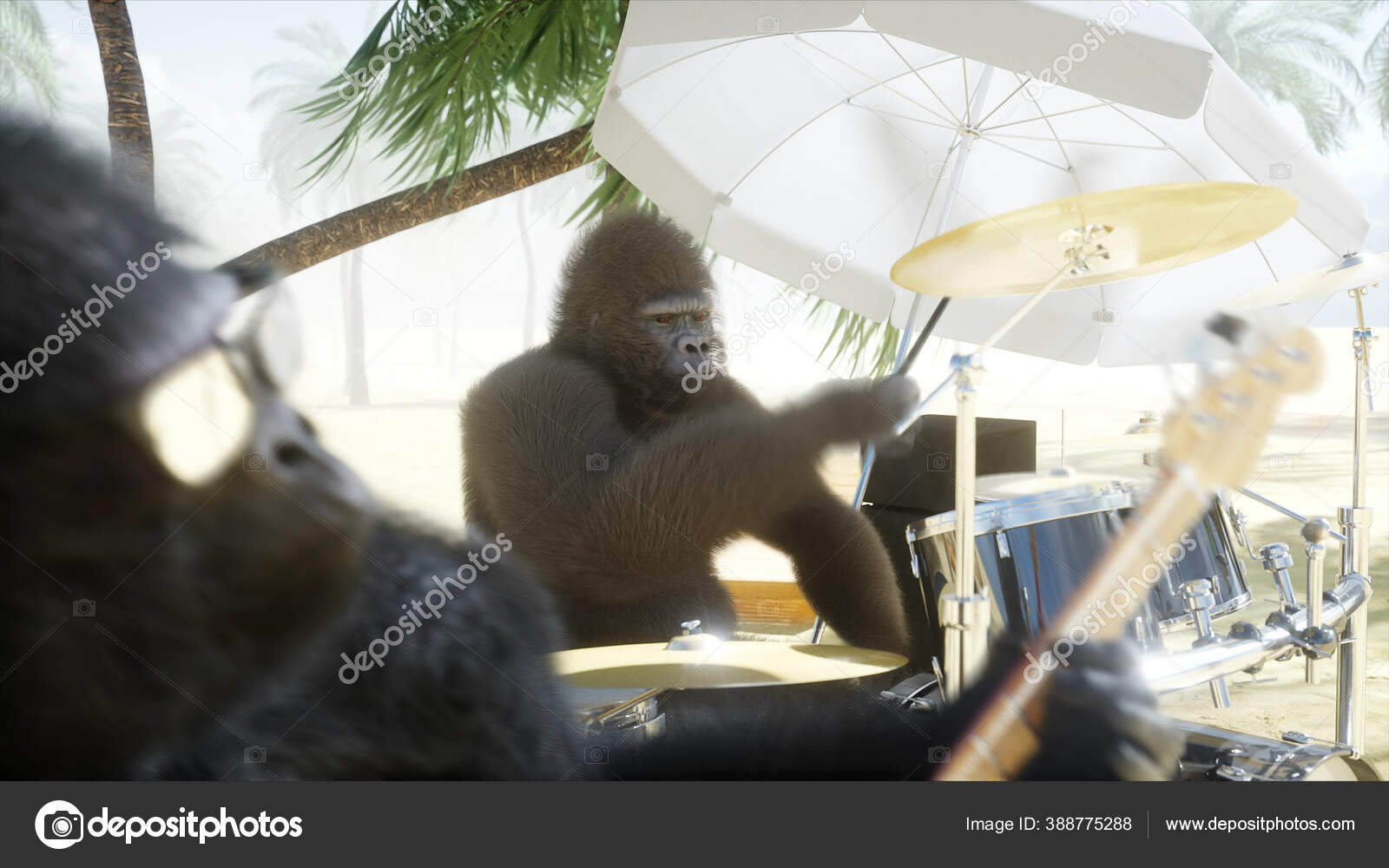 Gorilas e macacos engraçados tocam guitarra e bateria. Festa de rock à  beira-mar. Renderização 3d . fotos, imagens de © chagpg #221029022