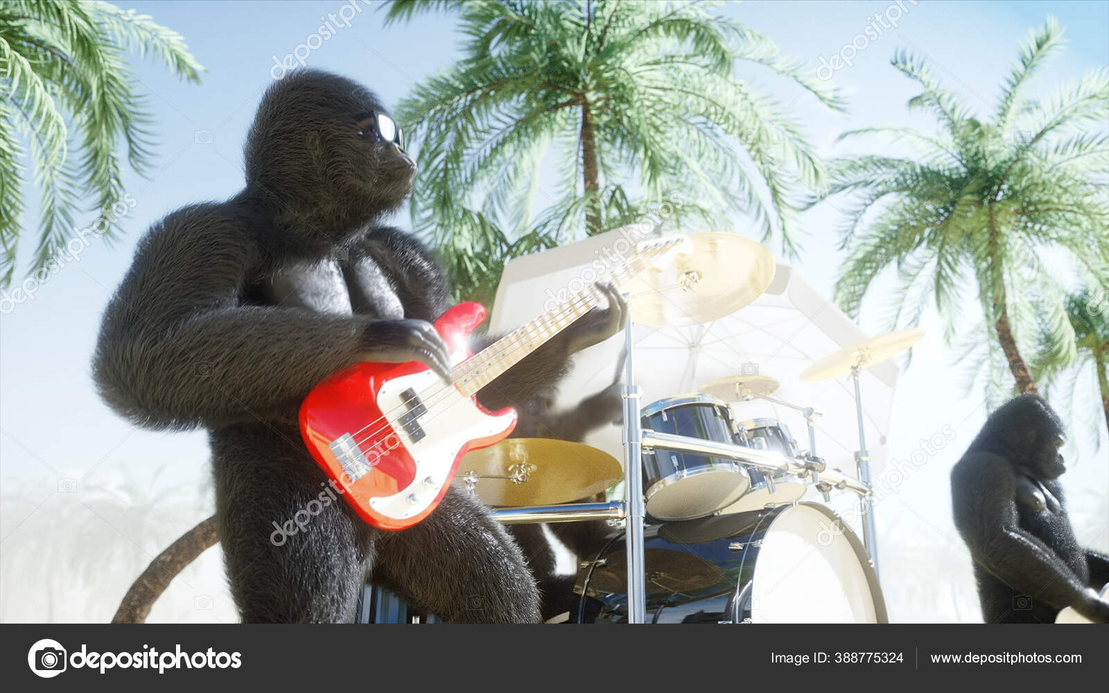 Gorilas e macacos engraçados tocam guitarra e bateria. Festa de rock à  beira-mar. Renderização 3d . fotos, imagens de © chagpg #221029022