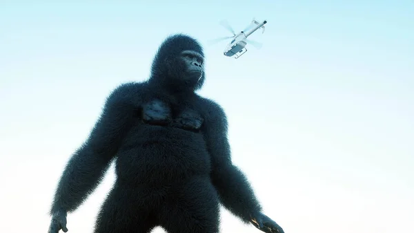 Riesengorilla und Hubschrauber im Dschungel. Urzeittier und Monster. Realistisches Fell. 3D-Darstellung. — Stockfoto
