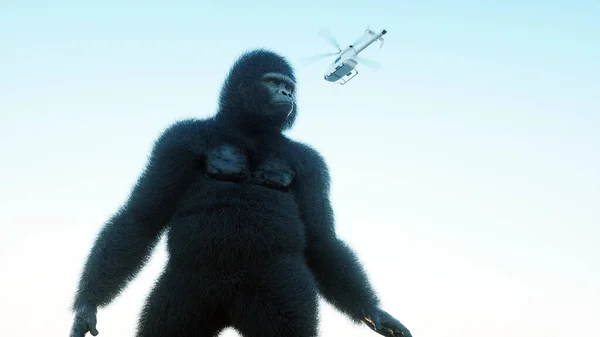 Giant gorilla and helicopter in jungle. Prehistoric animal and monster. Realistic fur. 3d rendering.