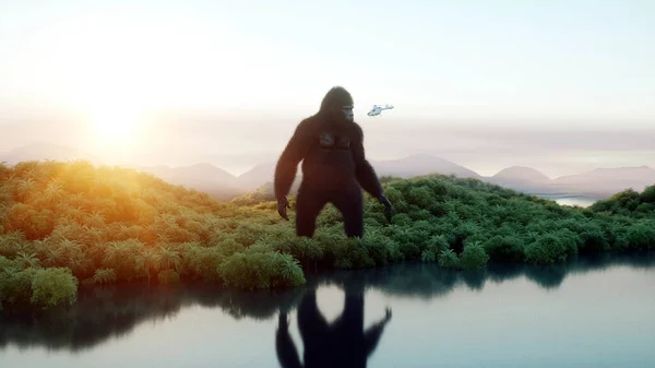 Gorila gigante e helicóptero na selva. Animal pré-histórico e monstro. Pele realista. Renderização 3d . — Fotografia de Stock