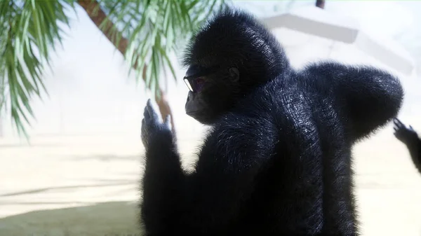 Lustige Gorillas und Affen tanzen an der sonnigen Küste. Tourismus- und Erholungskonzept. 3D-Darstellung. — Stockfoto