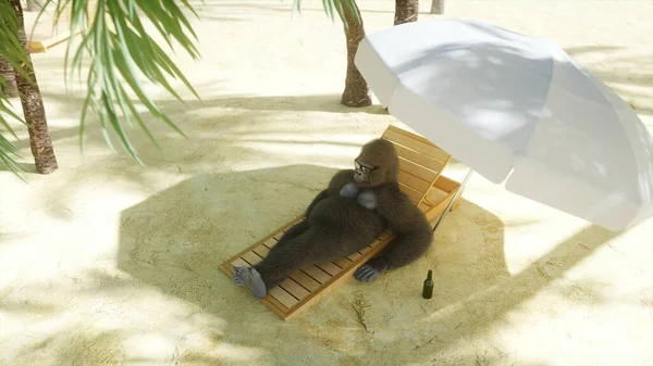 Divertente gorilla in occhiali si trova su una sedia a sdraio. Spiaggia e palme. Spa, concetto di resort. rendering 3d. — Foto Stock