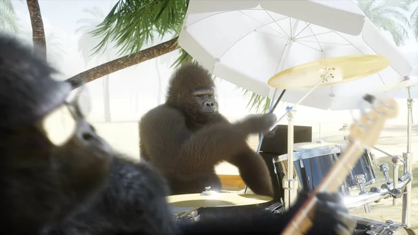 Divertenti gorilla e scimmie suonano la chitarra e la batteria. Festa rock sul mare soleggiato. rendering 3d. — Foto Stock