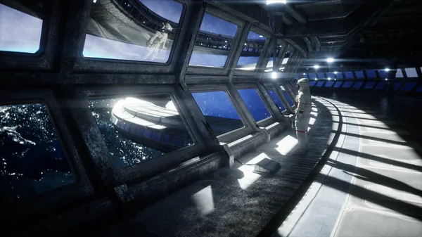 Egyedül egy űrhajós a futurisztikus űrfolyosón, szobában. kilátás a Földre. 3D-s renderelés. — Stock Fotó