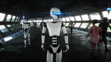 Bilim kurgu bölümündeki robot. Geleceğin kavramı... 3D görüntüleme.