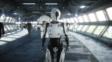 Bilim kurgu bölümündeki robot. Geleceğin kavramı... 3D görüntüleme.