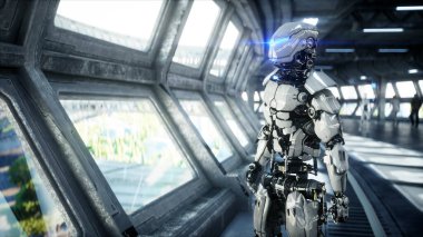 Bilim kurgu bölümündeki robot. Geleceğin kavramı... 3D görüntüleme.