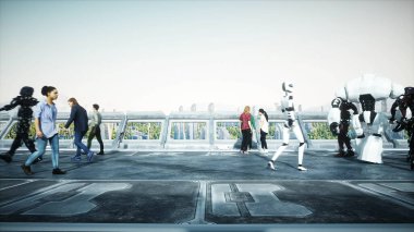 İnsanlar ve robotlar. Bilim kurgu bölümü. Geleceğin trafiği. Gelecek kavramı. 3d oluşturma.