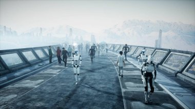 İnsanlar ve robotlar. Bilim kurgu bölümü. Geleceğin trafiği. Gelecek kavramı. 3d oluşturma.