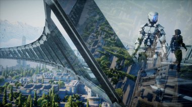 Bilim kurgu bölümündeki robot. Geleceğin kavramı... 3D görüntüleme... 3D görüntüleme.