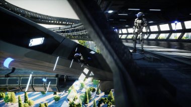 Bilim kurgu bölümündeki robot. Geleceğin kavramı... 3D görüntüleme... 3D görüntüleme.