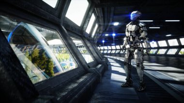 Bilim kurgu bölümündeki robot. Geleceğin kavramı... 3D görüntüleme... 3D görüntüleme.