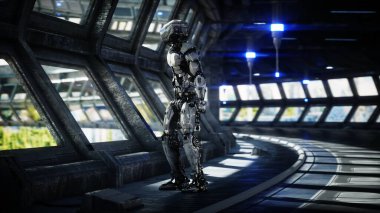 Bilim kurgu bölümündeki robot. Geleceğin kavramı... 3D görüntüleme... 3D görüntüleme.