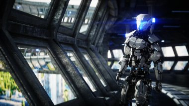 Bilim kurgu bölümündeki robot. Geleceğin kavramı... 3D görüntüleme... 3D görüntüleme.