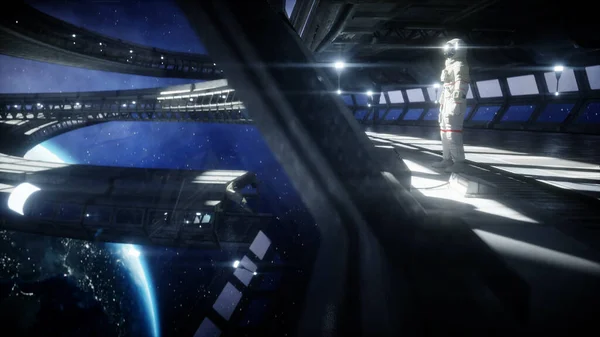 Samotny astronauta w futurystycznym korytarzu kosmicznym, pokój. widok na ziemię. 3d renderowanie. — Zdjęcie stockowe