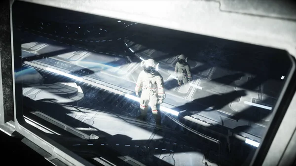 Одинокий астронавт в футуристическом космическом коридоре, комната. Вид на землю. 3d-рендеринг . — стоковое фото