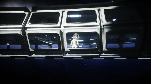 Astronauta solo en corredor espacial futurista, habitación. vista de la tierra. renderizado 3d . — Foto de Stock