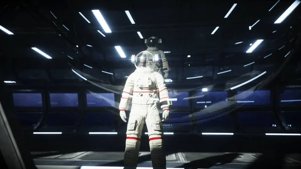 Samotny astronauta w futurystycznym korytarzu kosmicznym, pokój. widok na ziemię. 3d renderowanie. — Zdjęcie stockowe