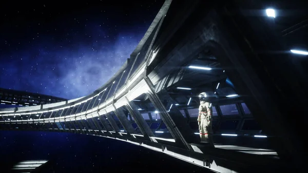 Allein Astronaut im futuristischen Weltraumkorridor, Raum. Blick auf die Erde. 3D-Darstellung. — Stockfoto