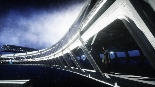 Emberek a futurisztikus űrfolyosón, szobában. kilátás a Földre. 3D-s renderelés. — Stock Fotó