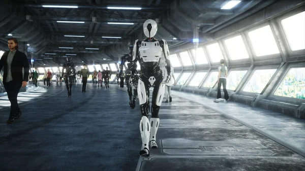 Robot w tunelu Sci fi. Koncepcja przyszłości... renderowanie 3D. — Zdjęcie stockowe