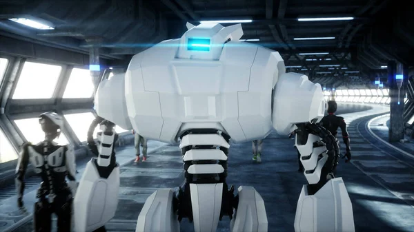 Ρομπότ στο Sci fi tonnel. Έννοια του μέλλοντος.. 3d απόδοση. — Φωτογραφία Αρχείου