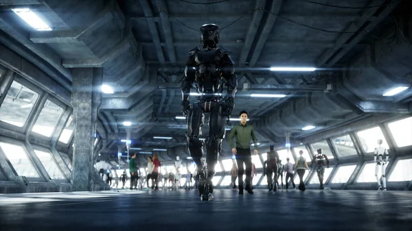 Roboter im Science-Fiction-Tonnel. Konzept des zukünftigen.. 3D-Renderings. — Stockfoto