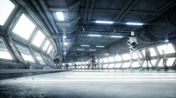 人とロボット。SFトンネル。未来的な交通だ。未来の概念。3Dレンダリング. — ストック写真