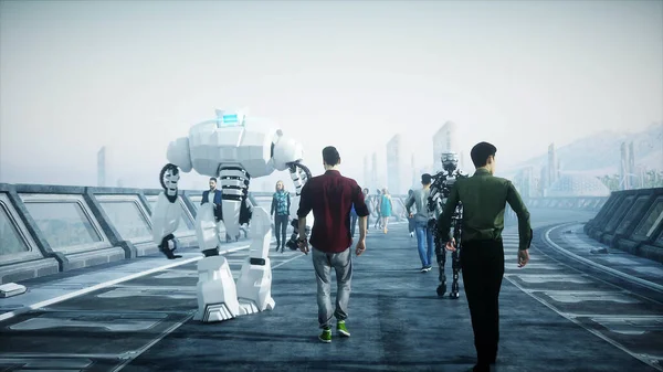 People and robots. Sci fi tonnel. Futuristic traffic. Concept of future. 3d rendering. — Stock Photo, Image