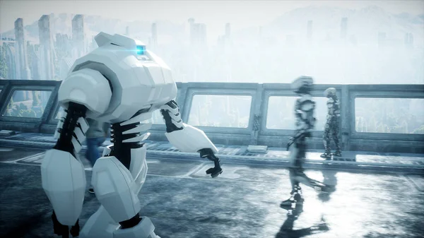 Robot in Sci fi tonnel. Concepto de futuro.. 3d renderizado.. 3d renderizado . — Foto de Stock