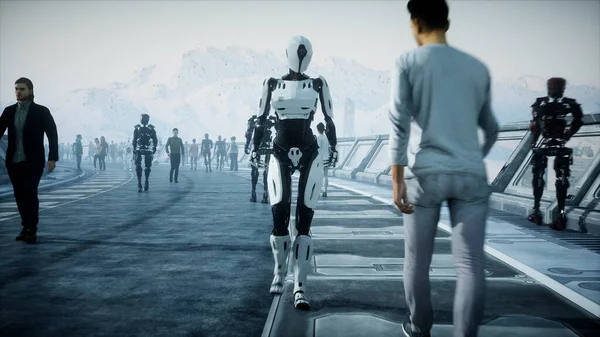 Roboten i sci fi-tonnel. Begreppet framtid.. 3D-rendering.. 3D-rendering. — Stockfoto