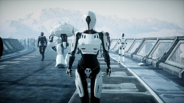 Roboter im Science-Fiction-Tonnel. Konzept des zukünftigen.. 3d Renderings.. 3d Renderings. — Stockfoto