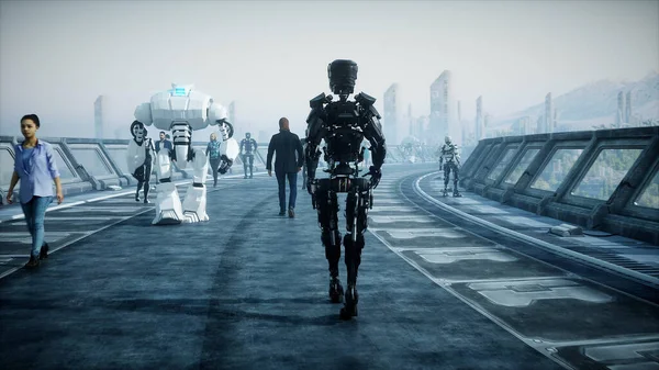 Robot a sci-fi tonnelben. Fogalom a jövő.. 3d renderelés.. 3d renderelés. — Stock Fotó