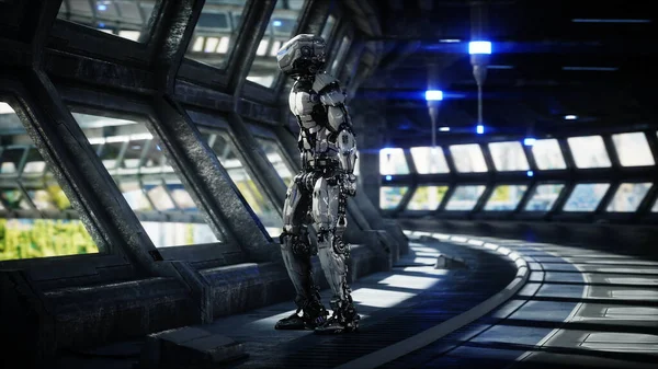 Robot in Sci fi tonnel. Concept van de toekomst.. 3d rendering.. 3d rendering. — Stockfoto