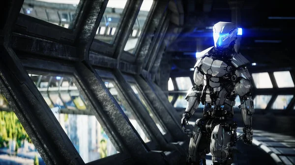 Robot in Sci fi tonnel. Concepto de futuro.. 3d renderizado.. 3d renderizado . — Foto de Stock