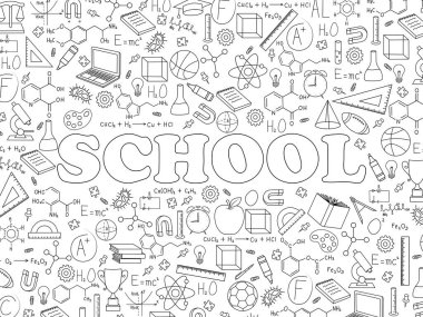 Boyalı bilim dersi formülleri, fizik, kimya, geometri, biyoloji, atomlar, bakteriler, mikroskop, kitaplar, defterler. Okula dönelim. Tasarım için okul geçmişi. Çizgilerle çizilmiş bilim ekipmanları