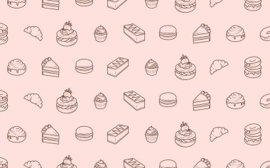 El yapımı fırınlanmış mallar ve şekerleme ile arka plan. Minimalist kekler, kruvasanlar, çörekler, kekler, krakerler, kurabiyeler, şekerler. Şekerleme, kafe ve pastane menüleri için uygun.