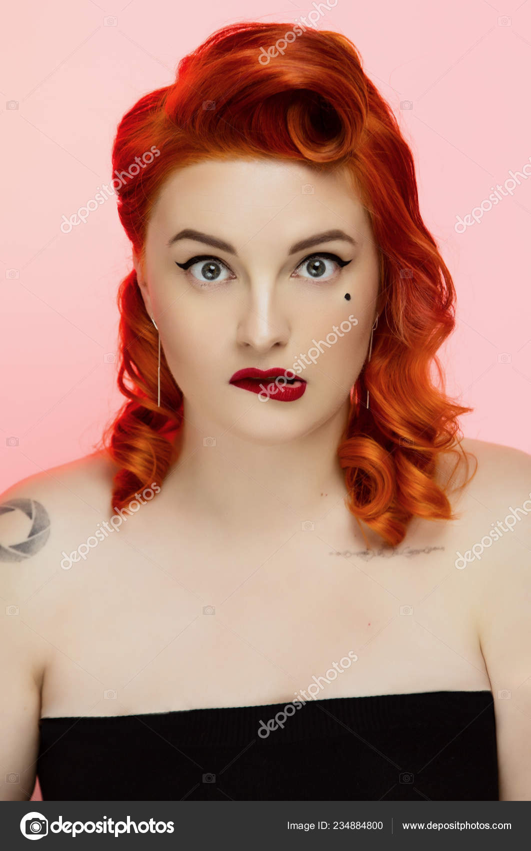 Portrait Beautiful Red Hair Girl Pin Make Hair Studio Colour